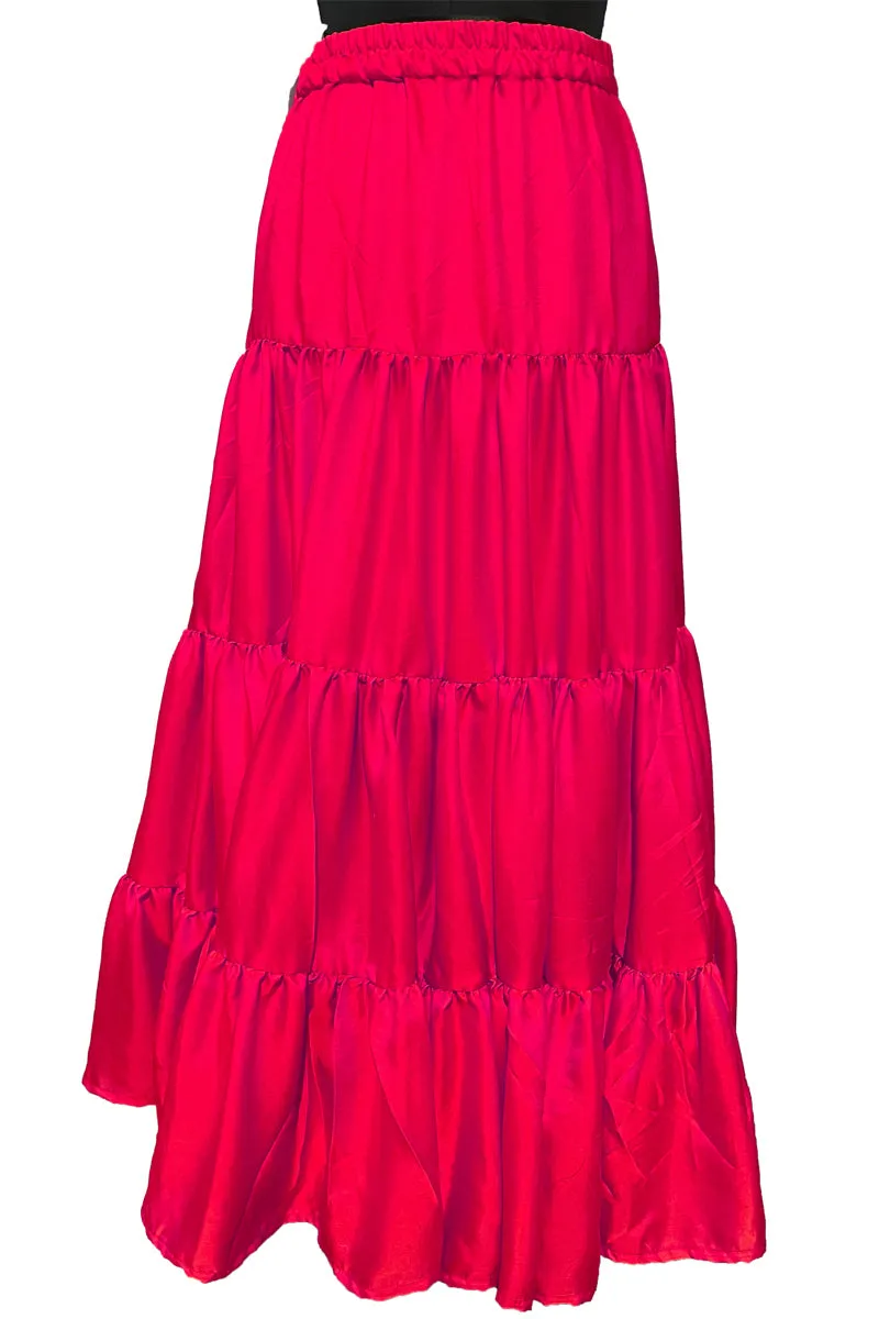 Bright Pink Tiered Silk Ankle Length Skirt Comfortable Elastic Waist Flared Layer