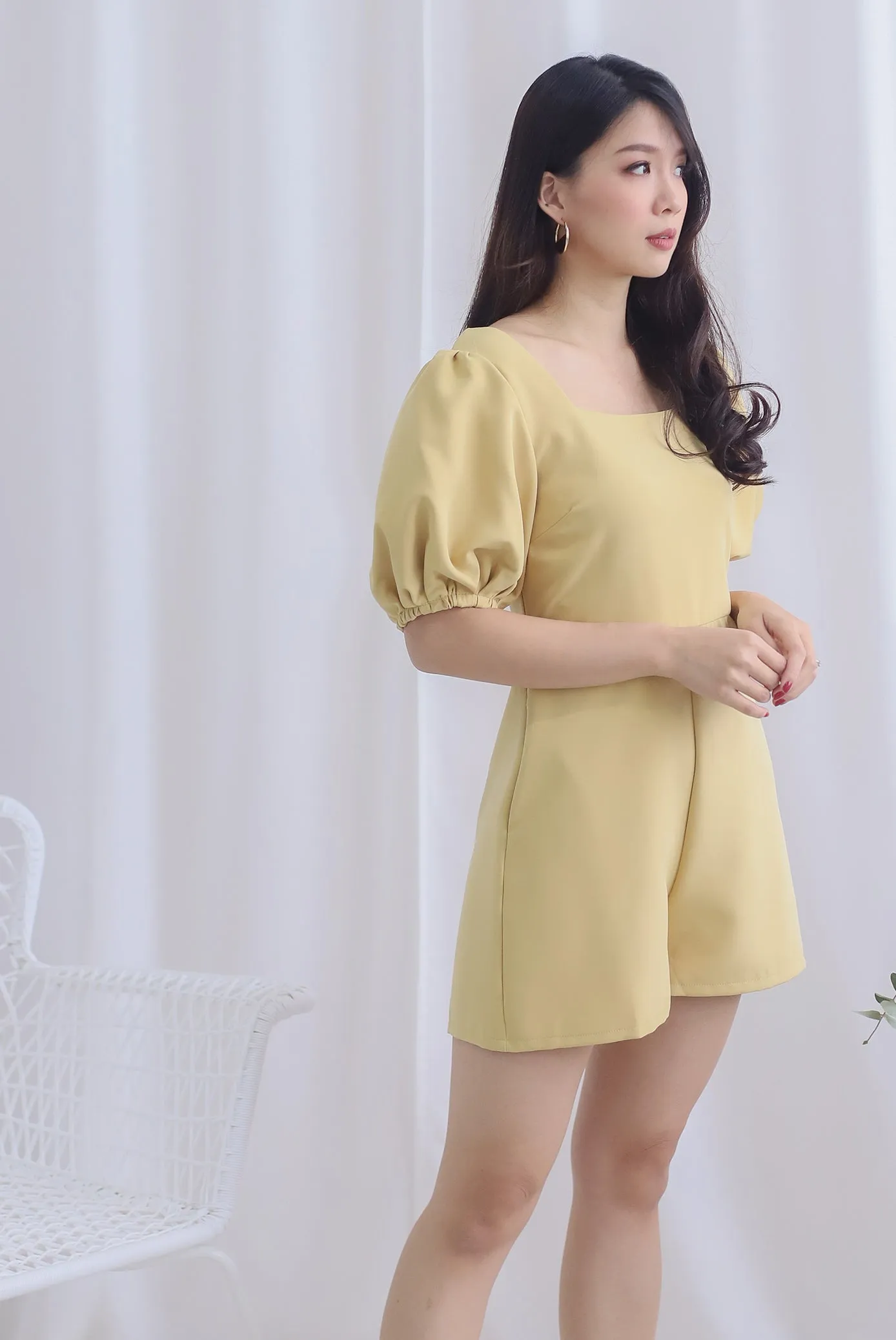 Brogen Puffy Sleeve Romper In Mustard