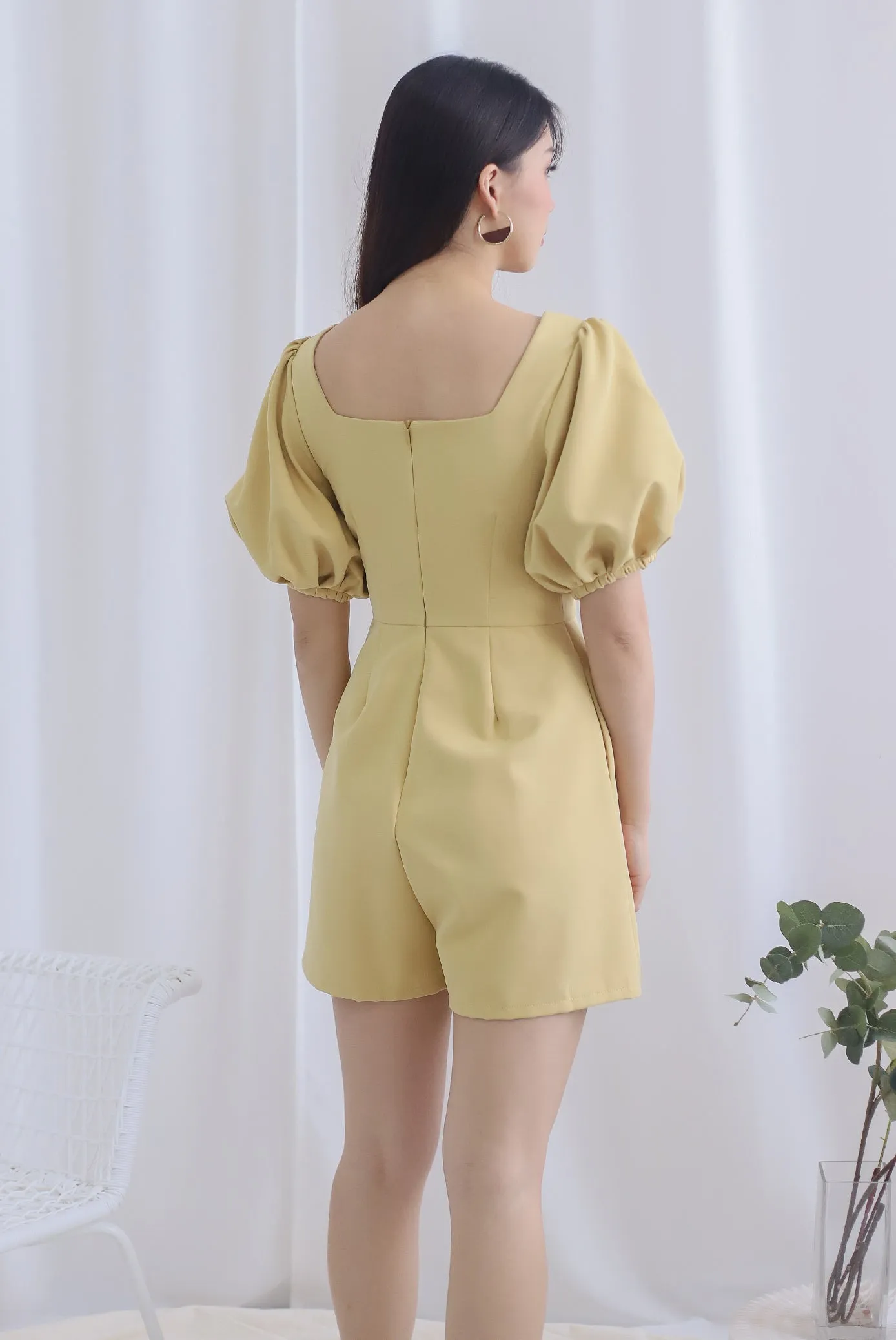 Brogen Puffy Sleeve Romper In Mustard