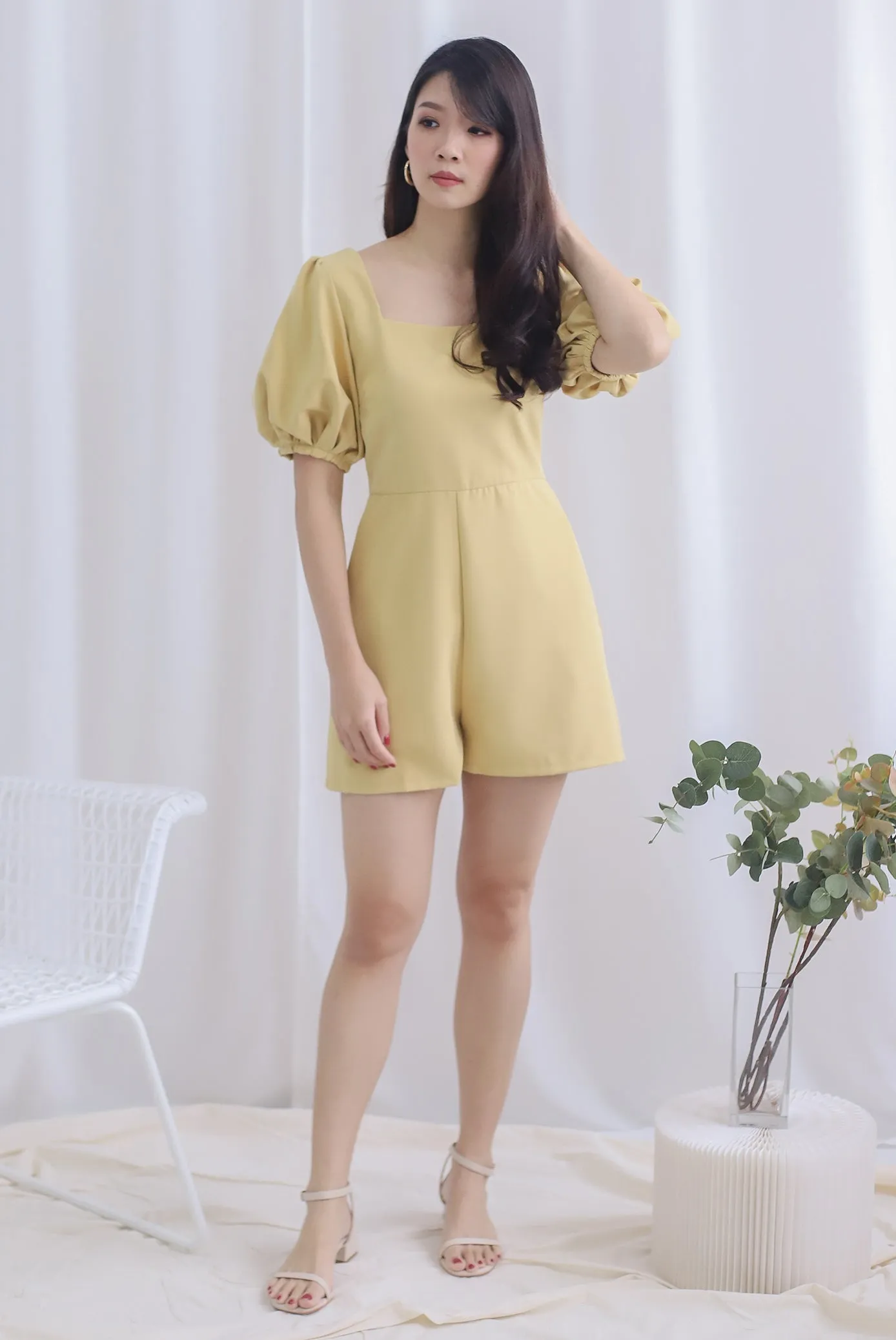 Brogen Puffy Sleeve Romper In Mustard