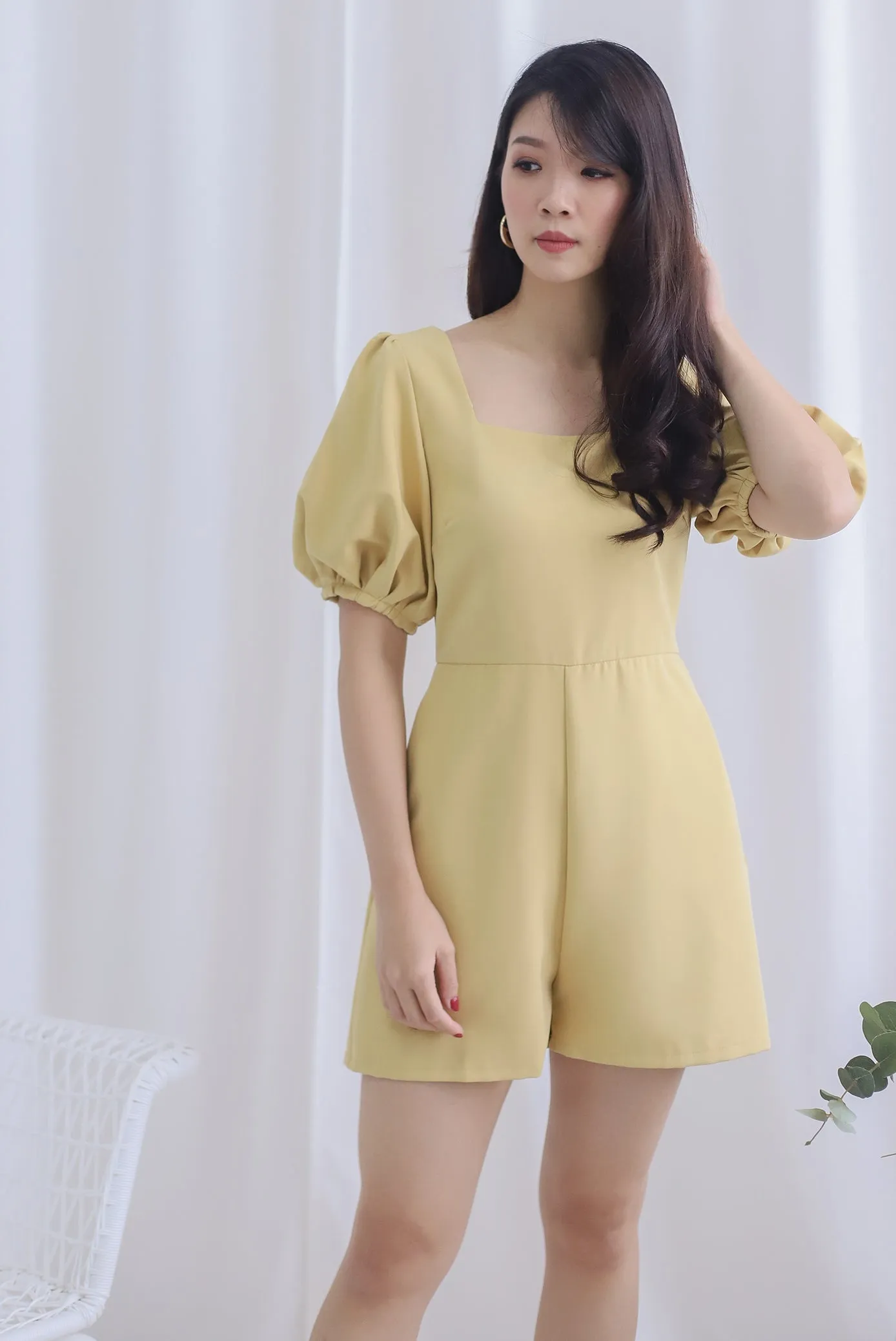 Brogen Puffy Sleeve Romper In Mustard