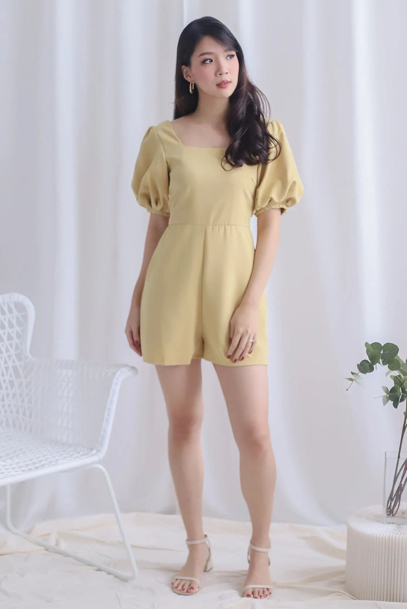 Brogen Puffy Sleeve Romper In Mustard