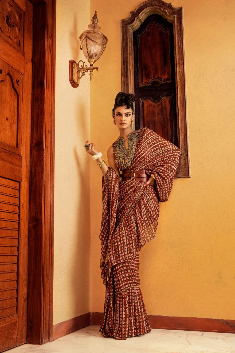 Brown Printed  & Embroidered Saree Set
