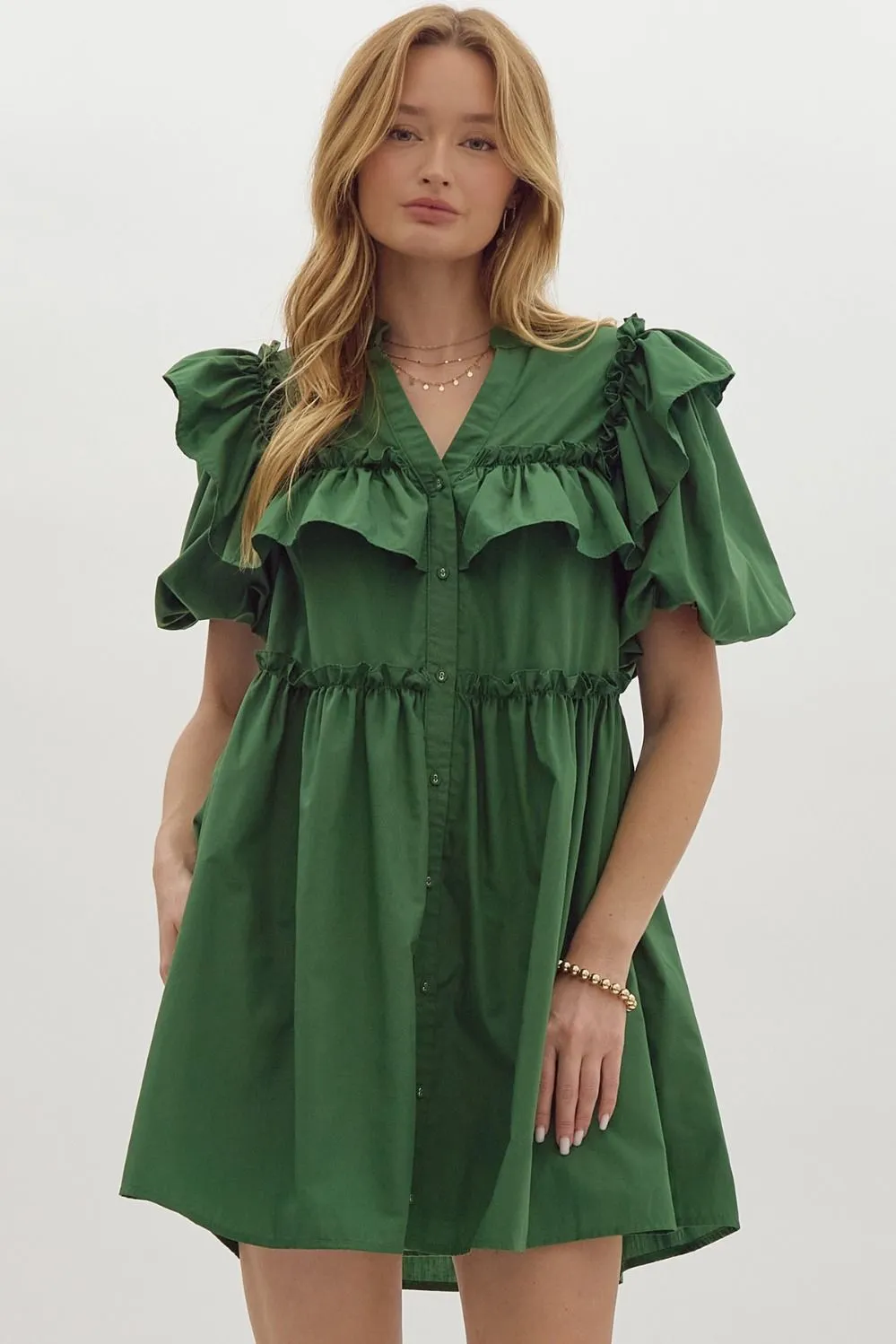 Bubble Sleeve Button Down Mini Dress {Amazon Green}