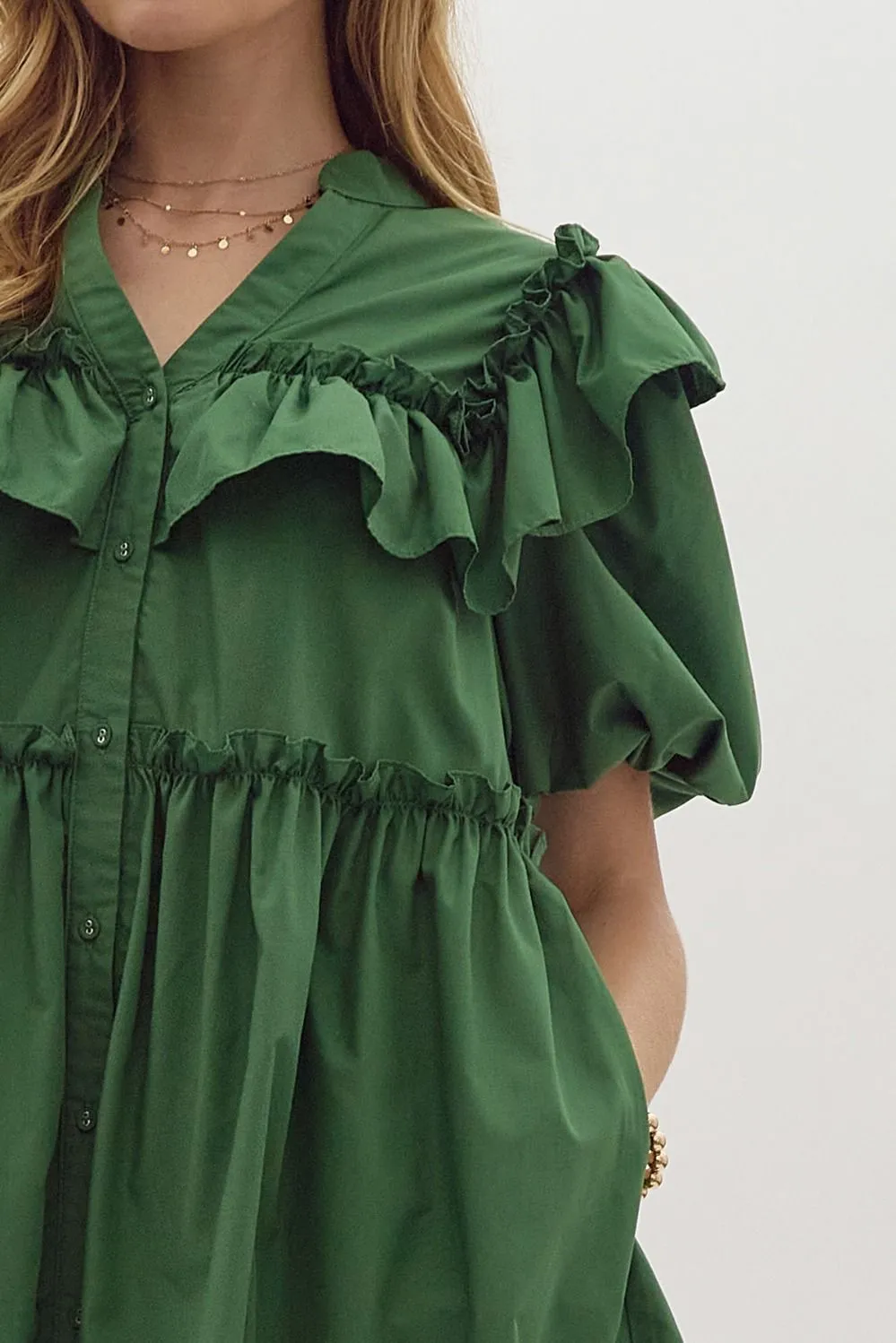 Bubble Sleeve Button Down Mini Dress {Amazon Green}