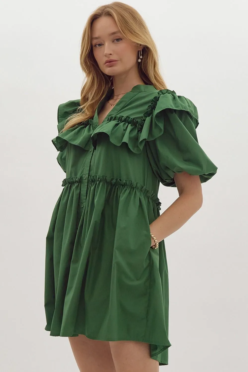 Bubble Sleeve Button Down Mini Dress {Amazon Green}