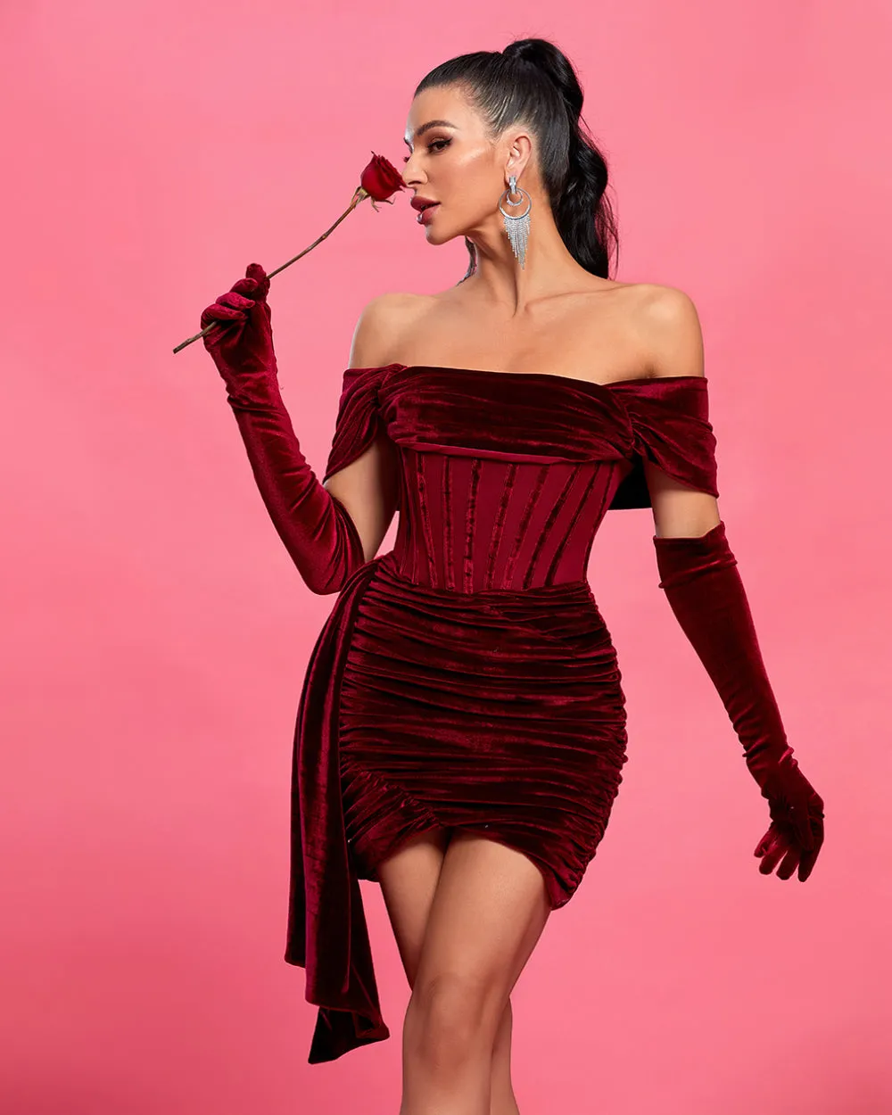 Burgundy Draped Off Shoulder Corset Dress