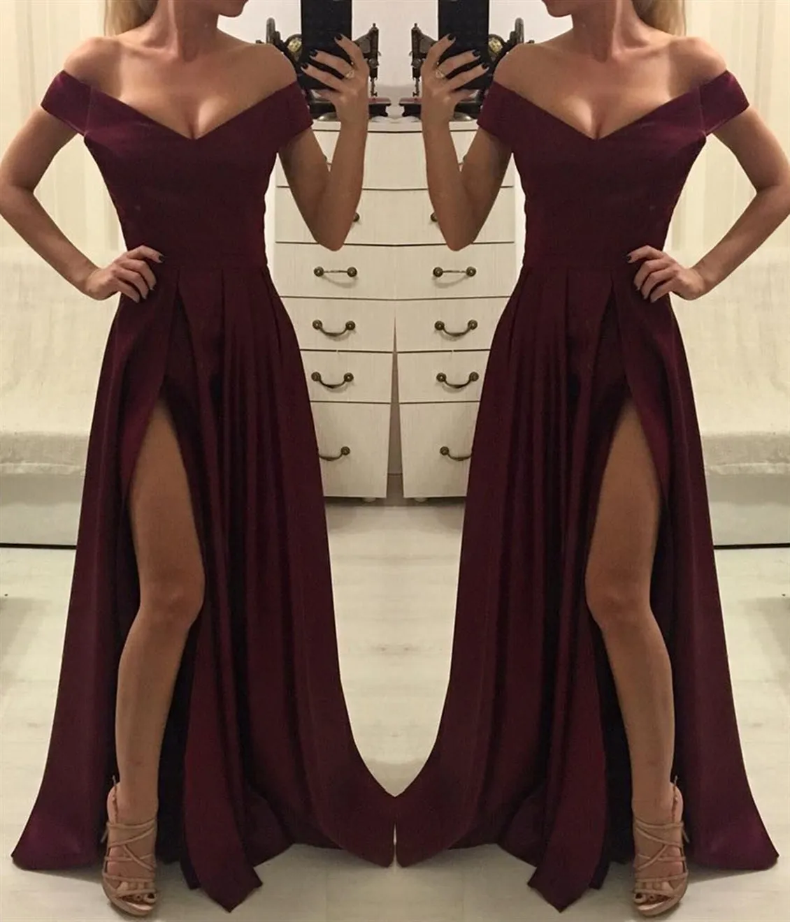 Burgundy Off Shoulder Satin Long Prom Dress with High Slit, Off Shoulder Burgundy Long Evening Dress, Formal Dress