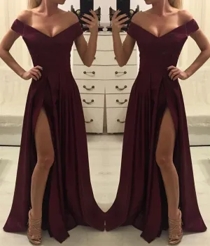 Burgundy Off Shoulder Satin Long Prom Dress with High Slit, Off Shoulder Burgundy Long Evening Dress, Formal Dress