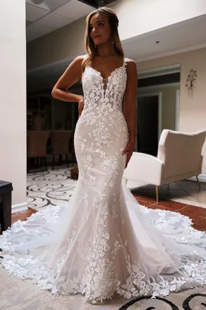 BYG-18 V-neck, sleeveless, lace appliqué, mermaid dress