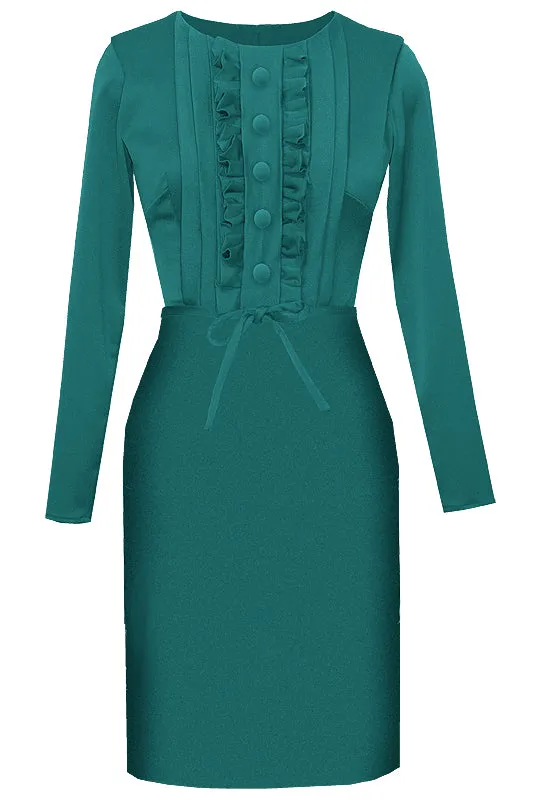 Calypso Sheath Dress with Ruffles and Long Sleeves