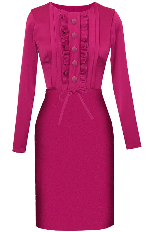 Calypso Sheath Dress with Ruffles and Long Sleeves
