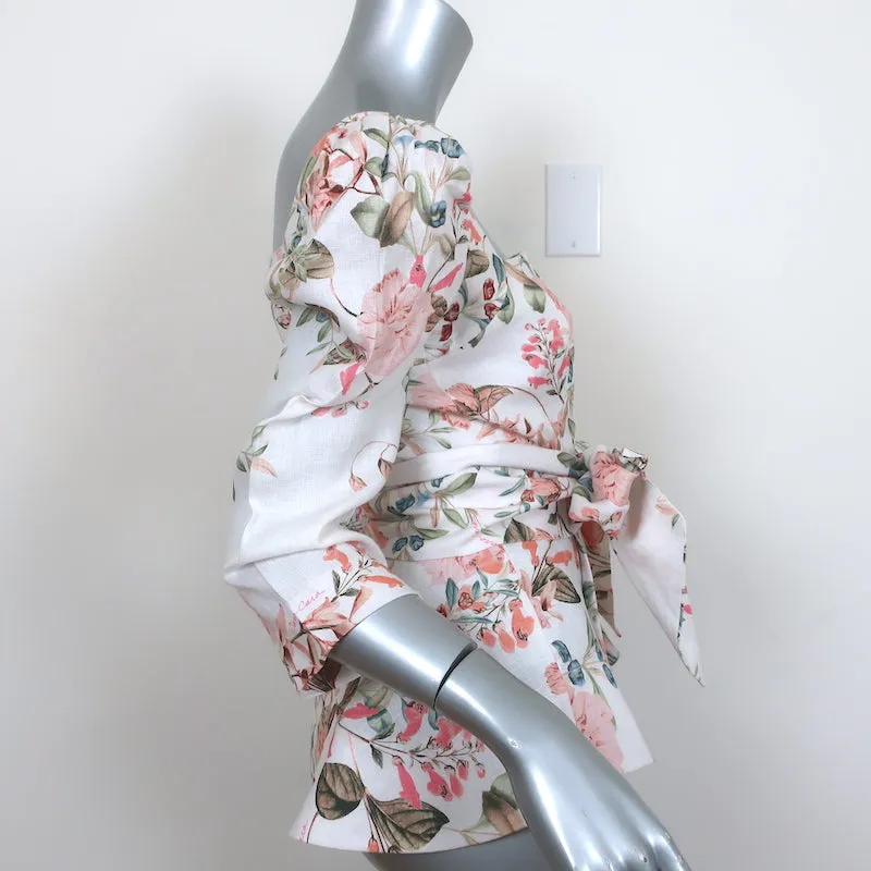 Cara Cara Lauren Tie-Waist Top Floral Print Linen Size 4 Puff Sleeve Blouse