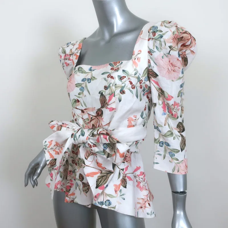 Cara Cara Lauren Tie-Waist Top Floral Print Linen Size 4 Puff Sleeve Blouse