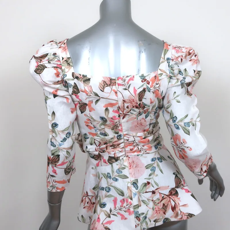 Cara Cara Lauren Tie-Waist Top Floral Print Linen Size 4 Puff Sleeve Blouse