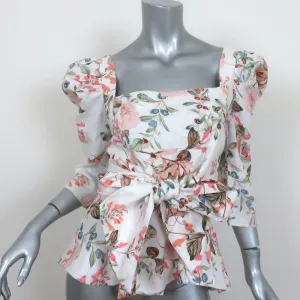 Cara Cara Lauren Tie-Waist Top Floral Print Linen Size 4 Puff Sleeve Blouse