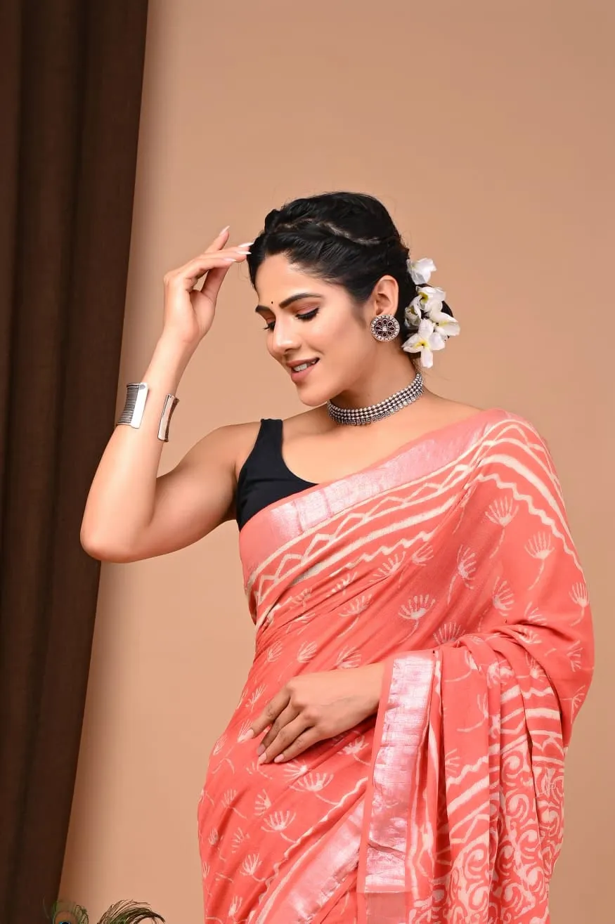 Carrot Pink Pure Linen Saree