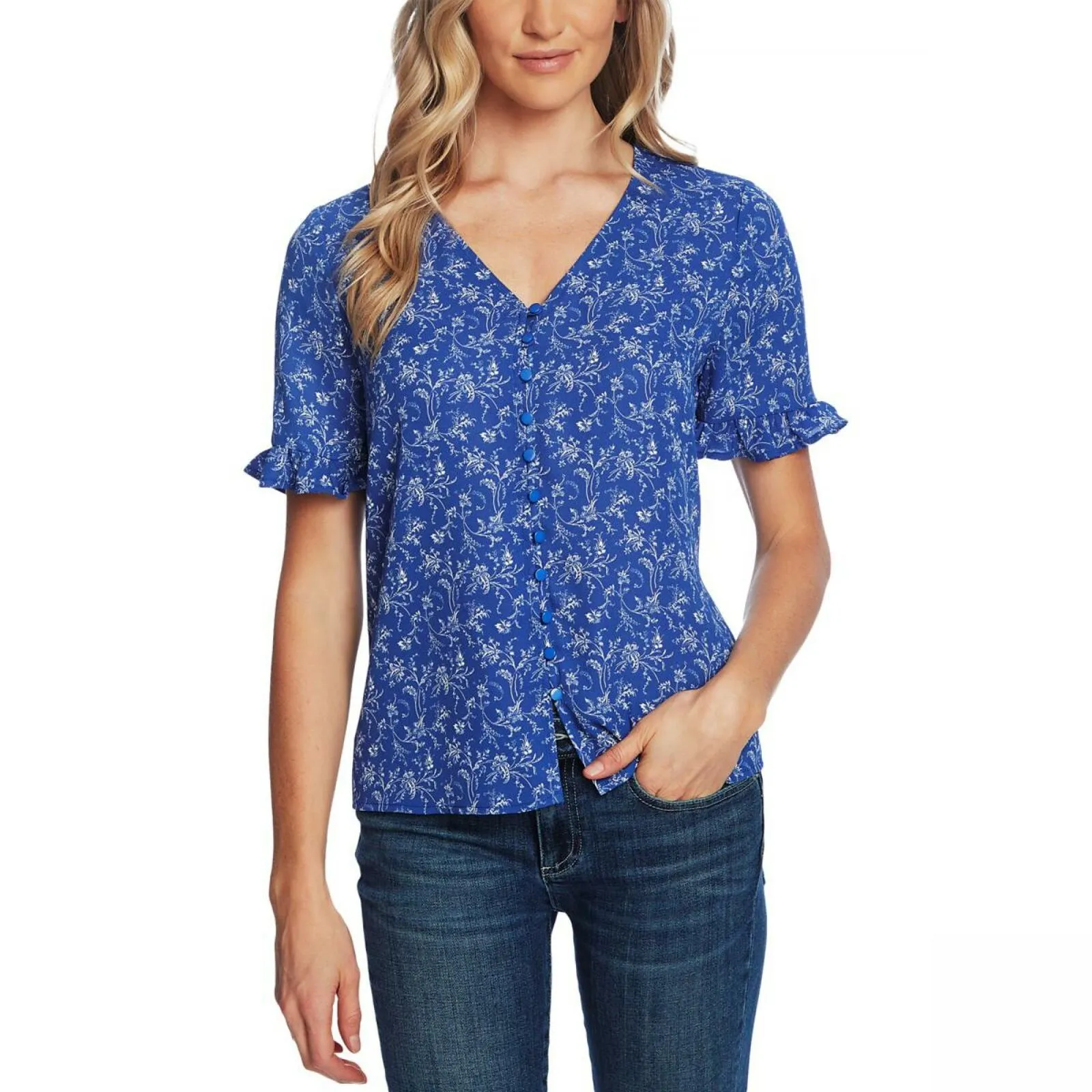 Cece Women's Toile Print Ruffle-Sleeve Button Front Blouse