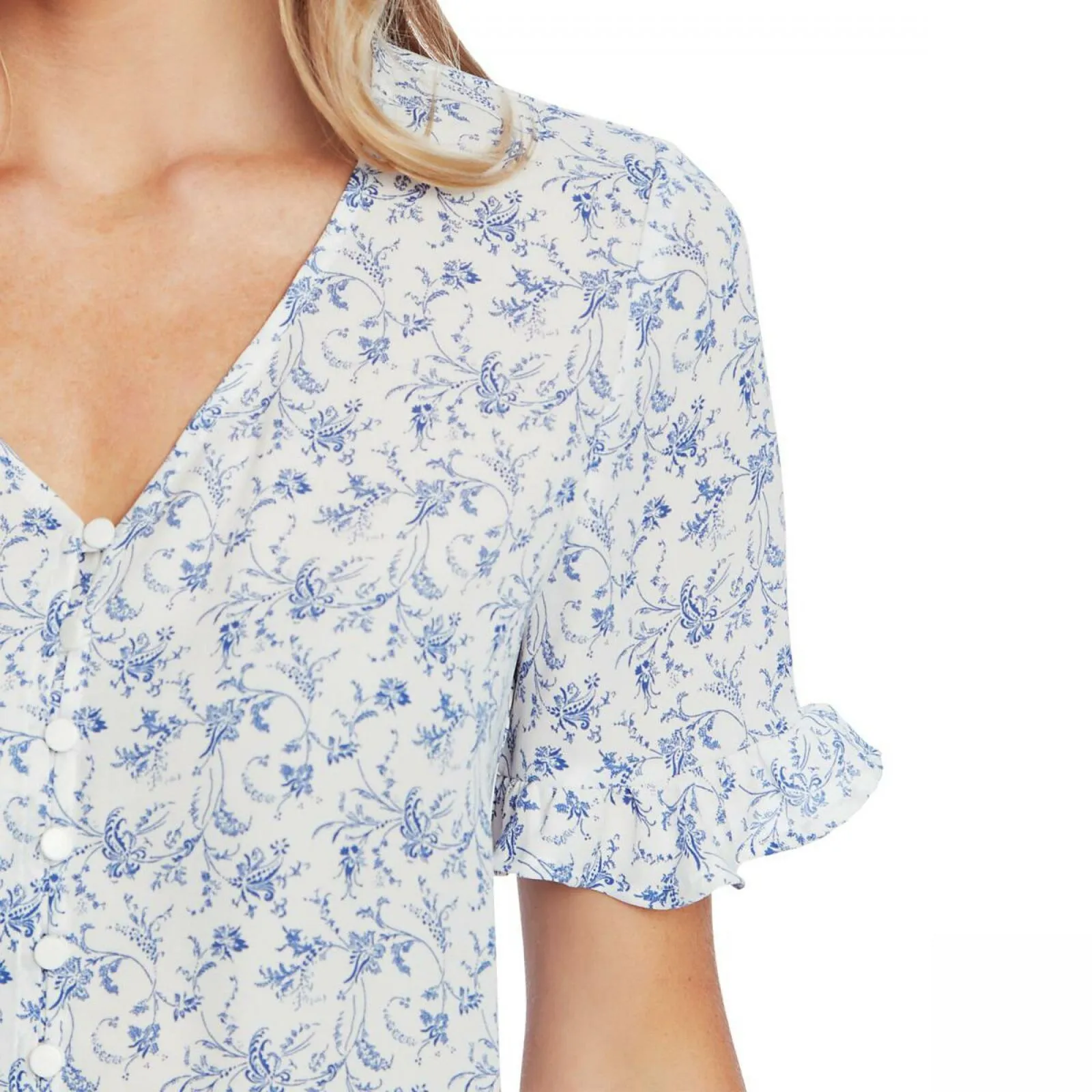 Cece Women's Toile Print Ruffle-Sleeve Button Front Blouse