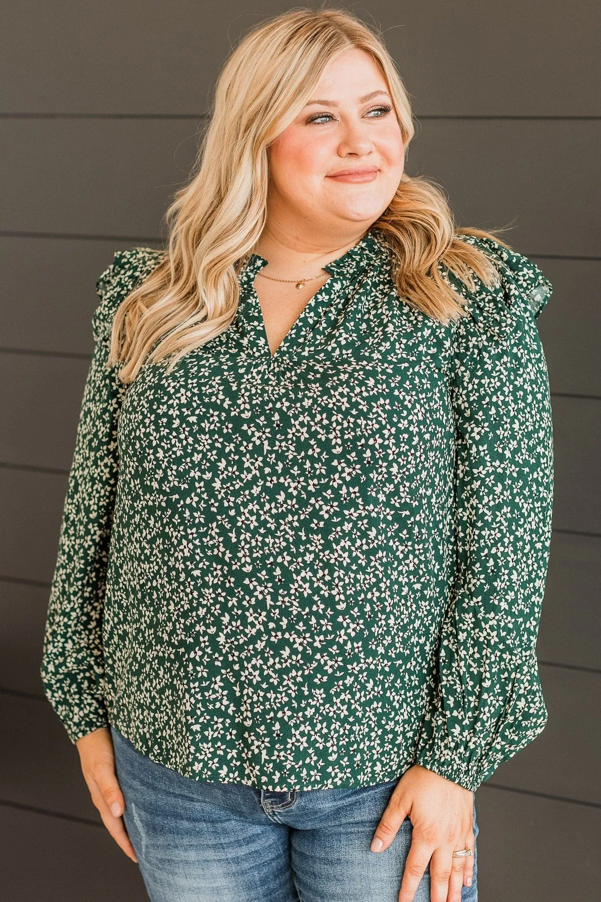 Celebrate Together Floral Blouse- Hunter Green
