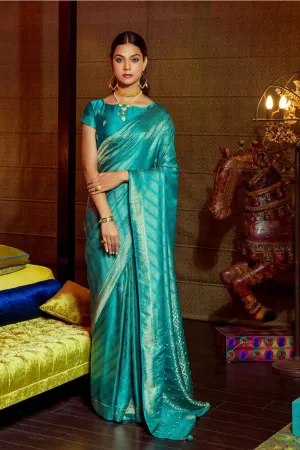 Cerulean Blue Satin Kanjivaram Silk Zari Weaving Saree With Blouse