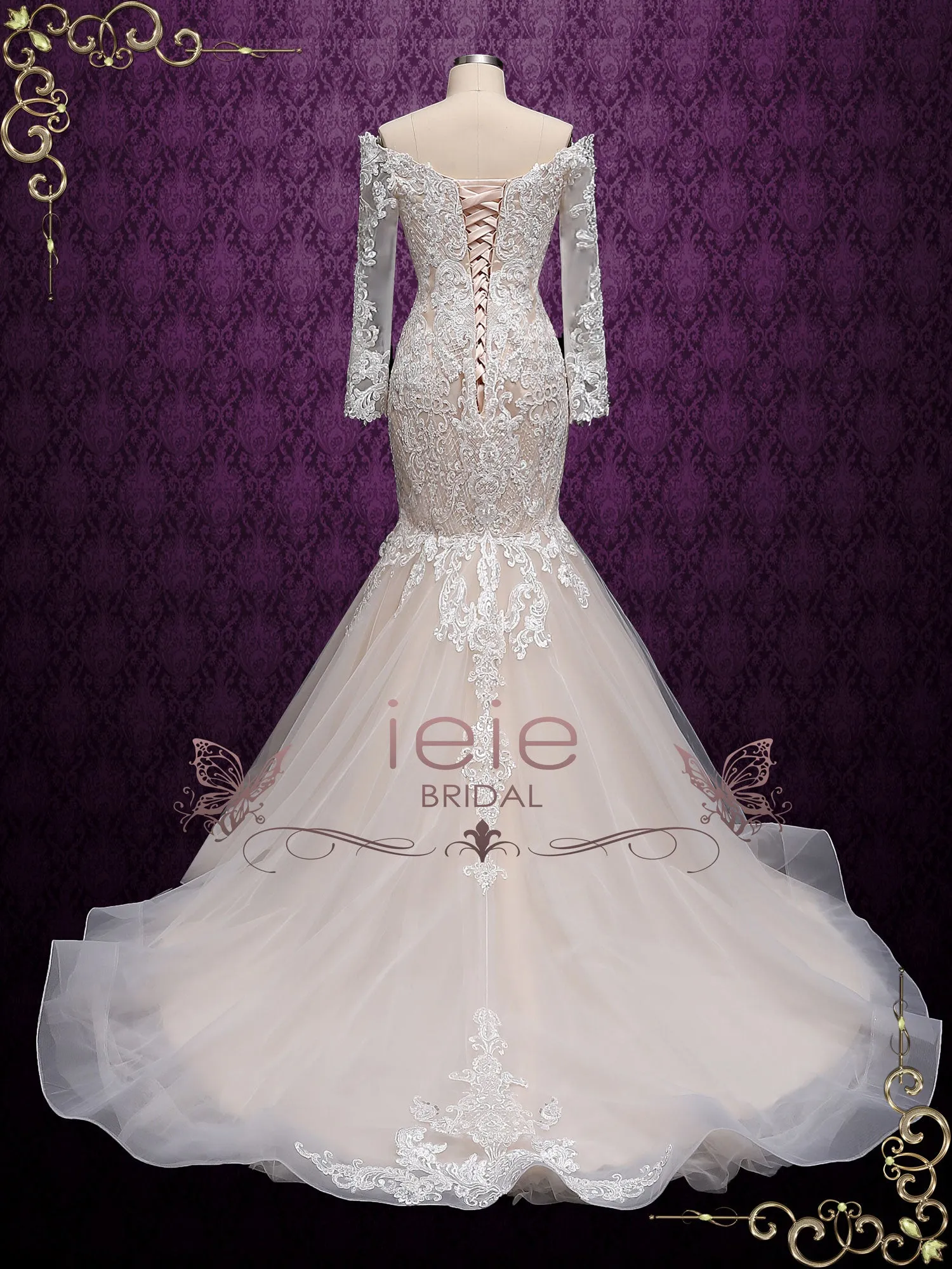 Champagne Lace Wedding Dress with Off the Shoulder Sleeves  ALVA