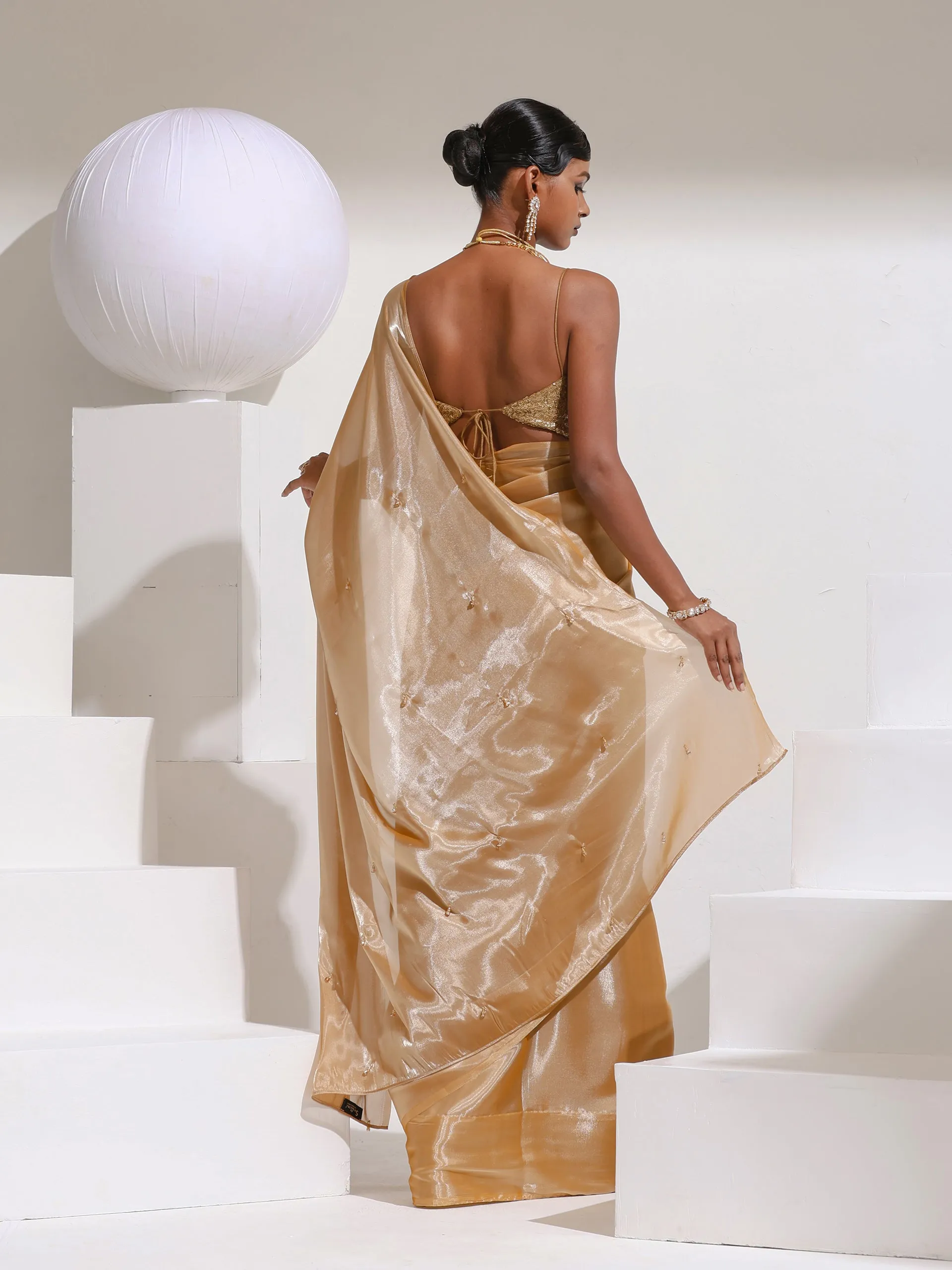 Champagne Sparkle Organza Satin Saree with bead drops and Self blouse fabric