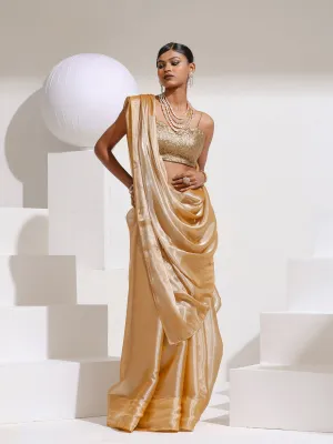 Champagne Sparkle Organza Satin Saree with bead drops and Self blouse fabric