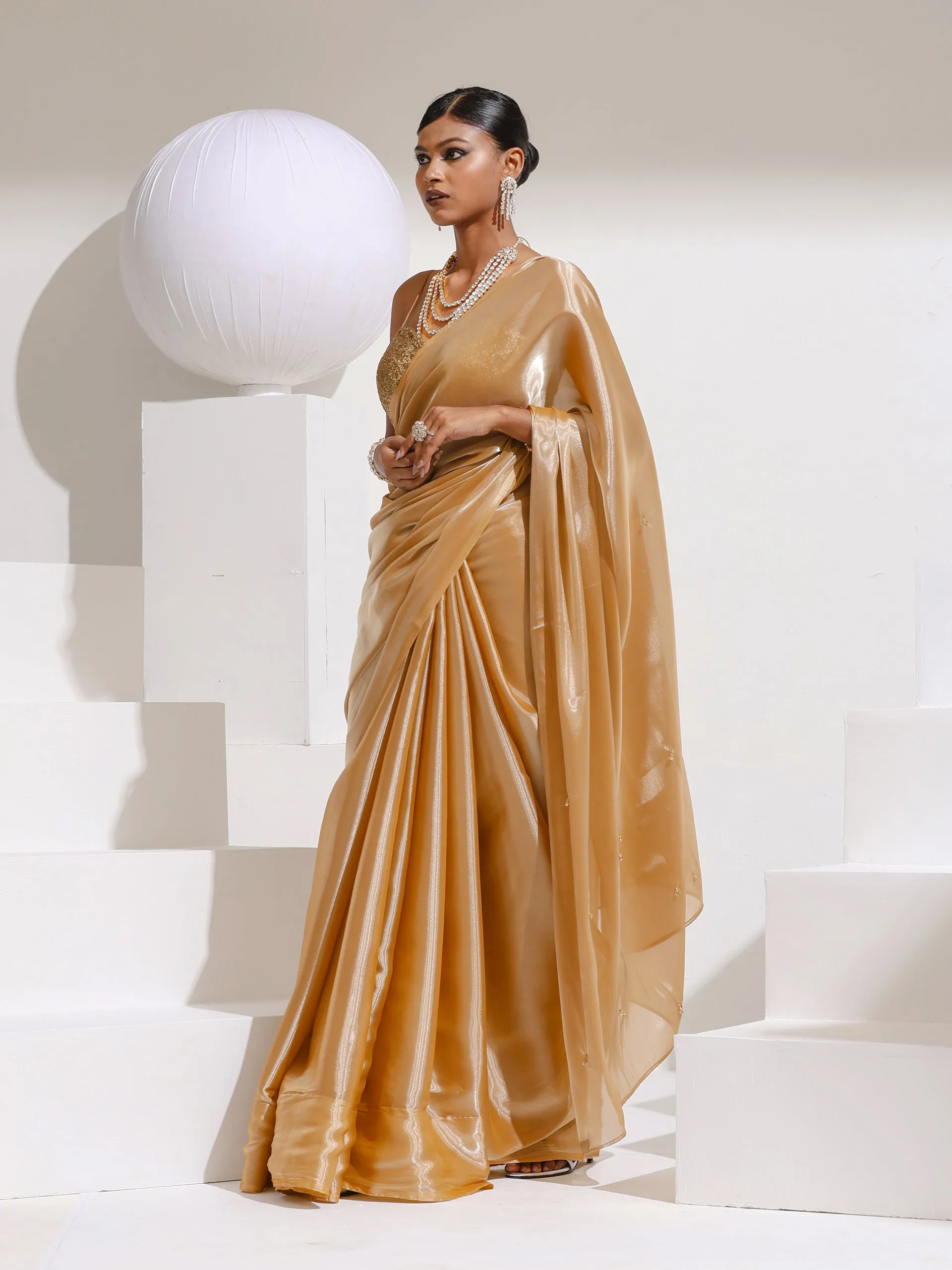 Champagne Sparkle Organza Satin Saree with bead drops and Self blouse fabric