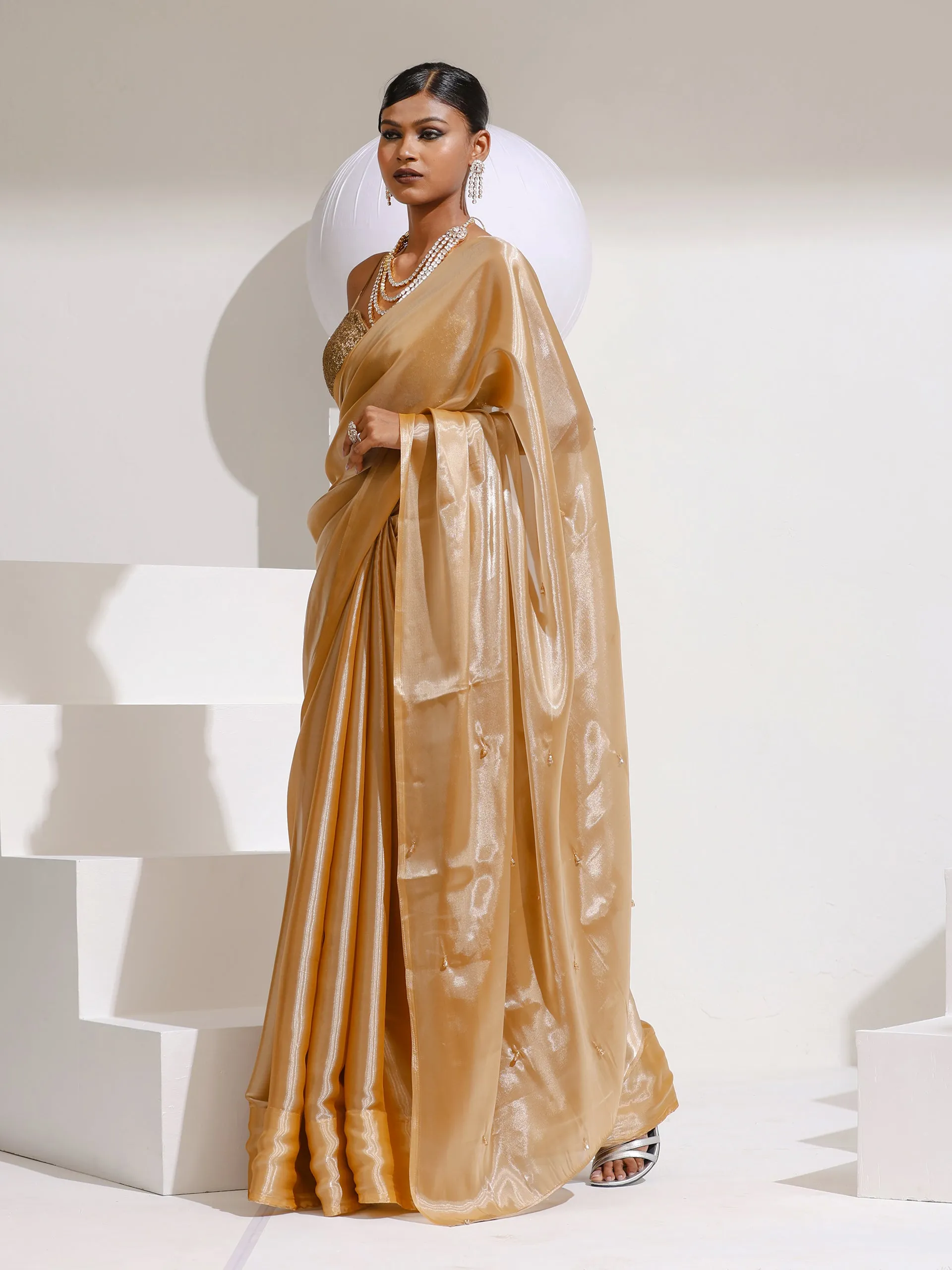 Champagne Sparkle Organza Satin Saree with bead drops and Self blouse fabric