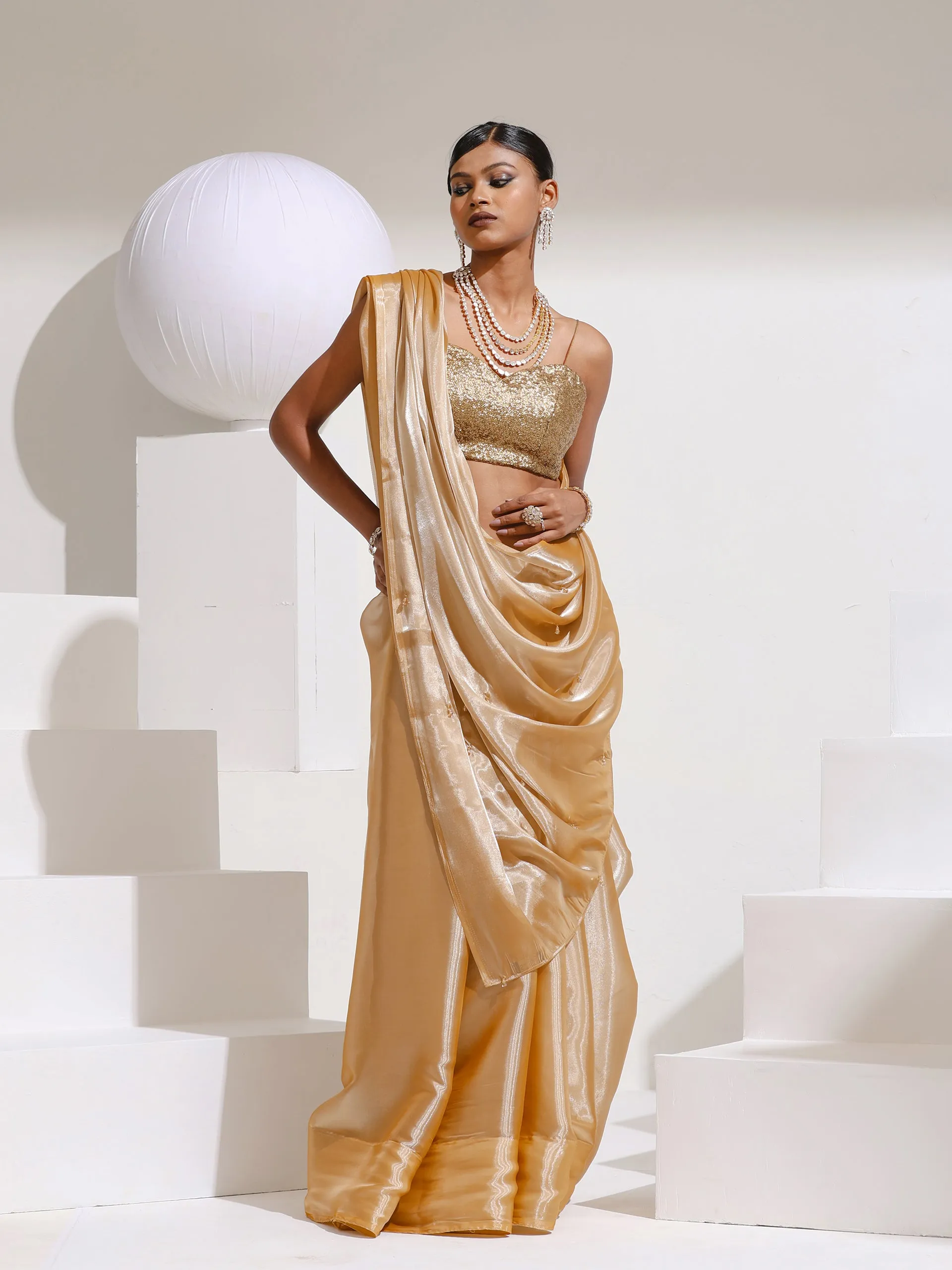 Champagne Sparkle Organza Satin Saree with bead drops and Self blouse fabric