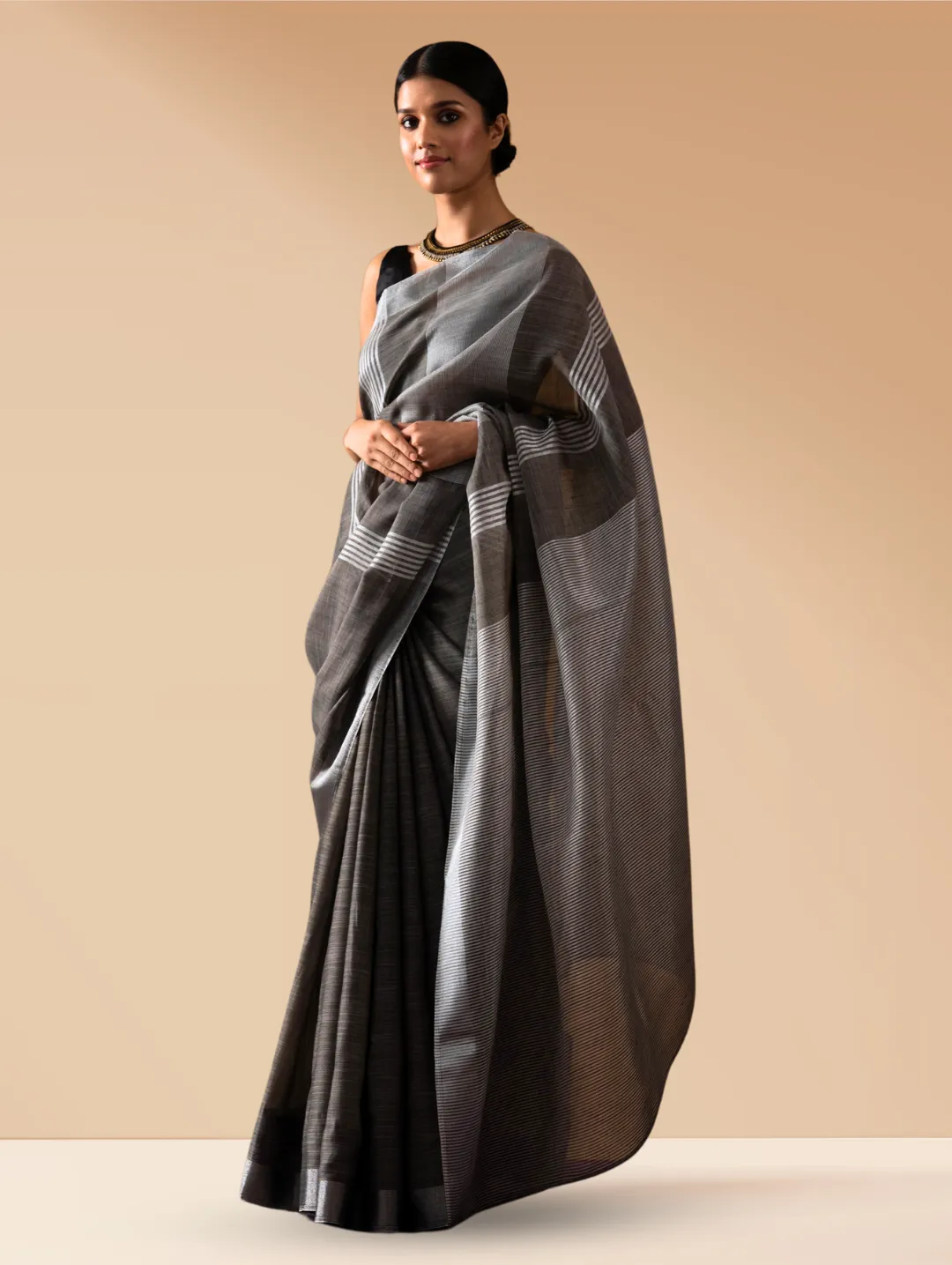 Charcoal Khadi Linen Blend Saree with Blouse Fabric