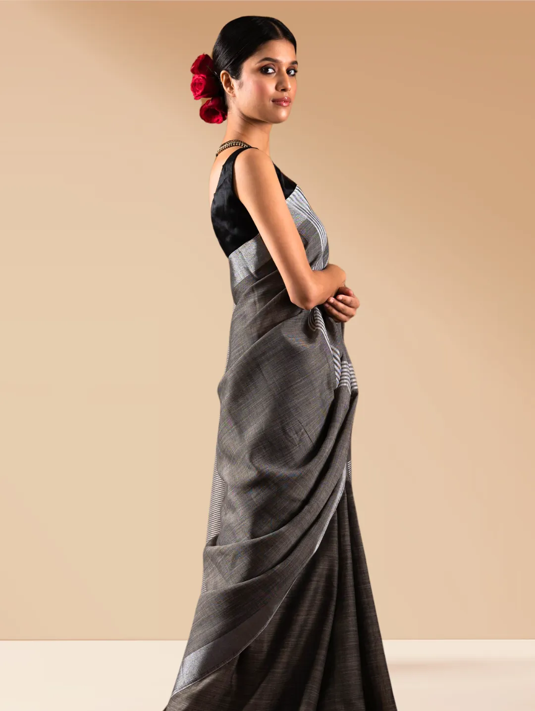 Charcoal Khadi Linen Blend Saree with Blouse Fabric