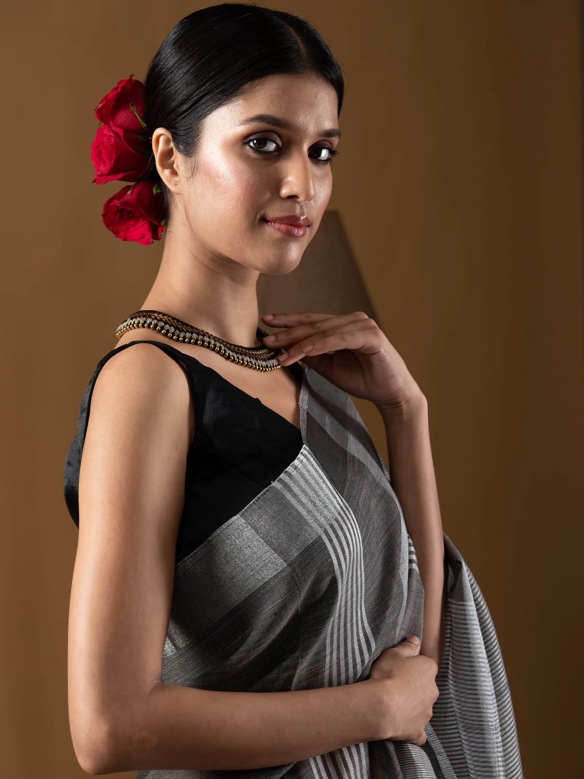 Charcoal Khadi Linen Blend Saree with Blouse Fabric