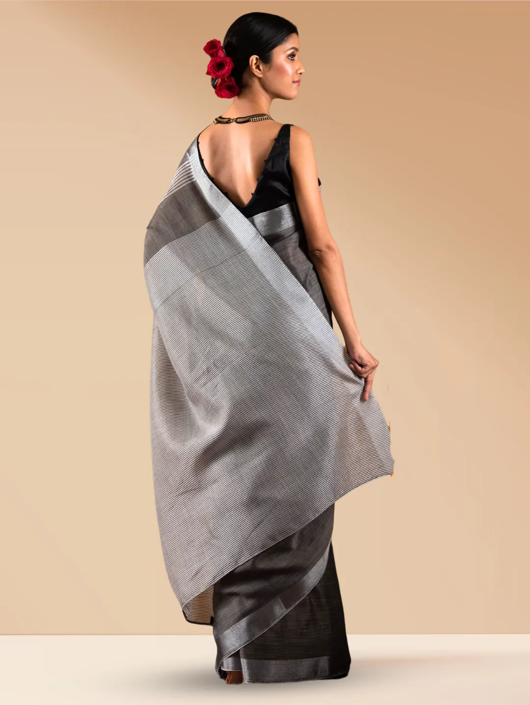 Charcoal Khadi Linen Blend Saree with Blouse Fabric