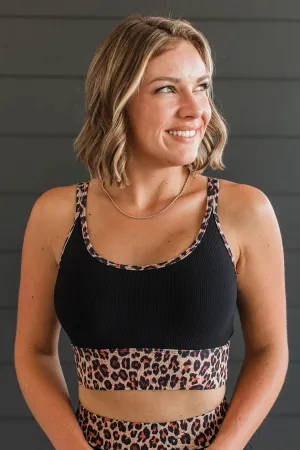 Chasing Tides Ribbed Swim Top - Black & Leopard