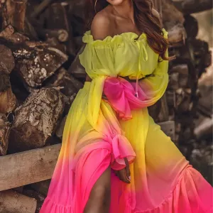 Chic Sexy Off Shoulder Ruffle Skirt Set Blouse & Long Skirt w/ Slit Vintage Colorful Print Two Piece Set Elegant Outfit