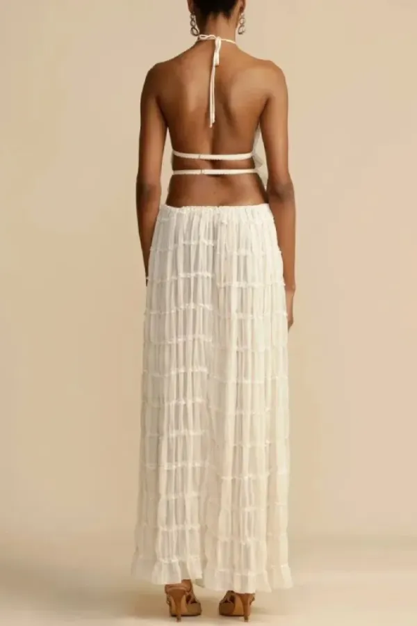 Chiffon Piping Lace Open Back Pleated Suit