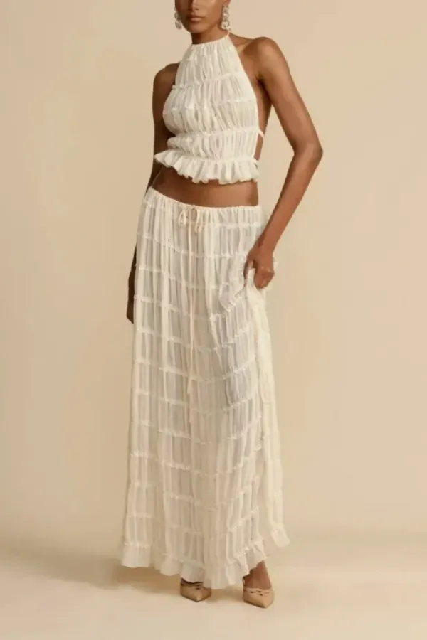 Chiffon Piping Lace Open Back Pleated Suit