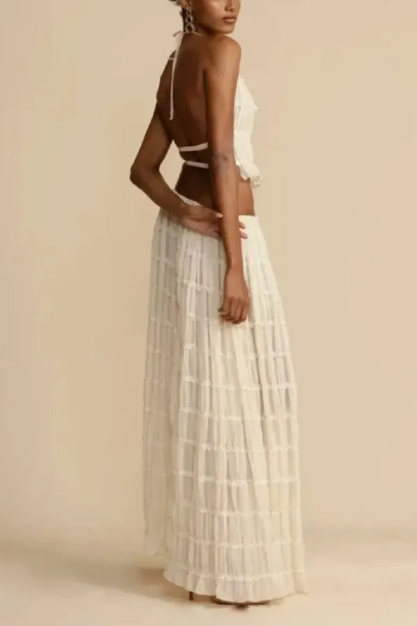 Chiffon Piping Lace Open Back Pleated Suit