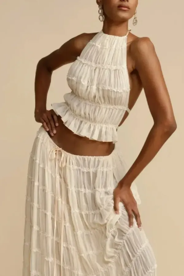 Chiffon Piping Lace Open Back Pleated Suit