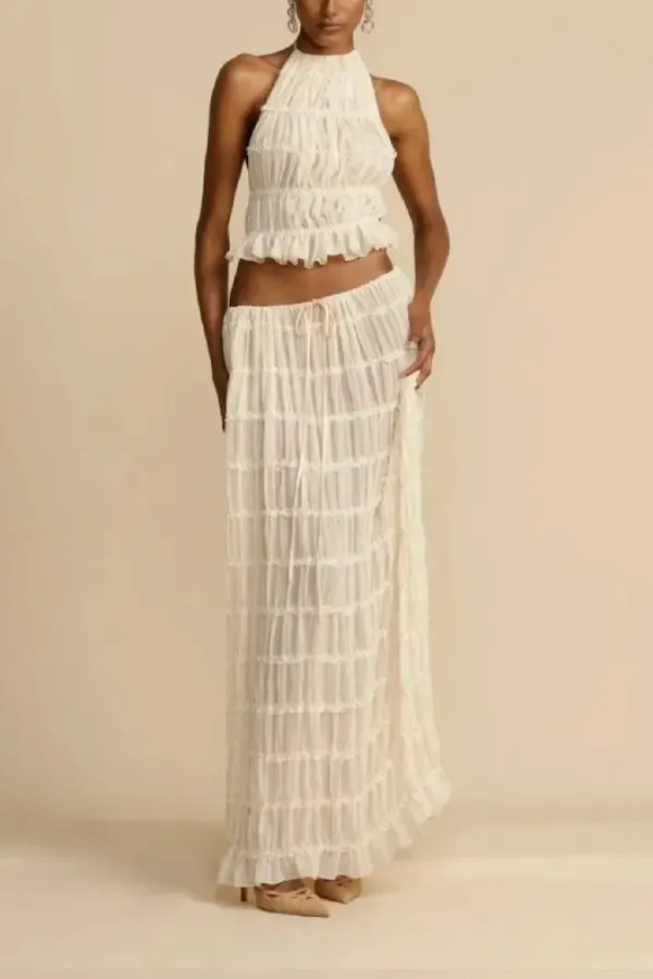Chiffon Piping Lace Open Back Pleated Suit