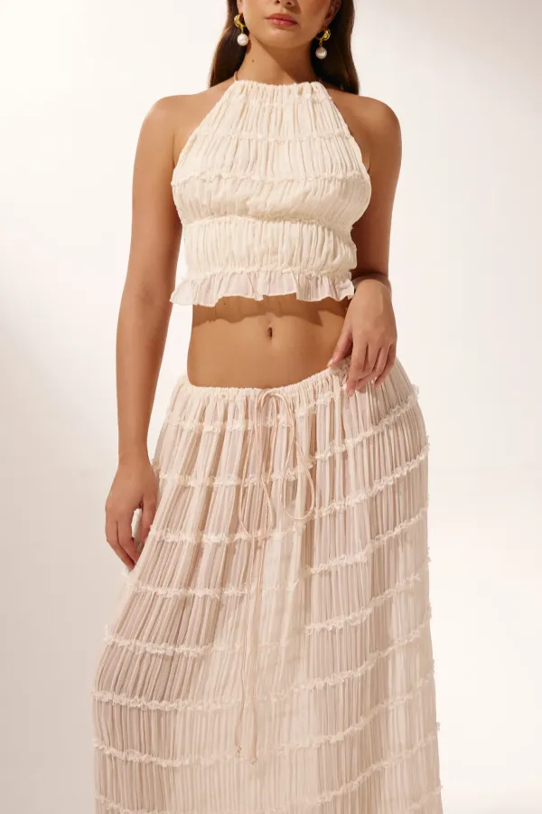 Chiffon Piping Lace Open Back Pleated Suit