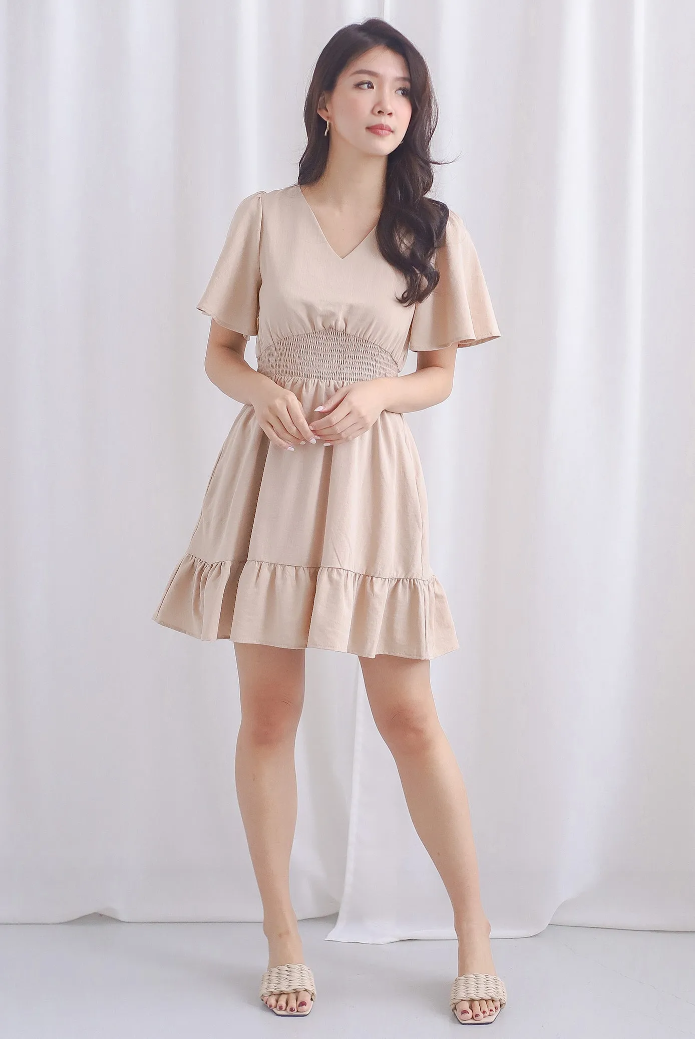 Conor Smocked Waist Sleeve Romper Dress In Ecru