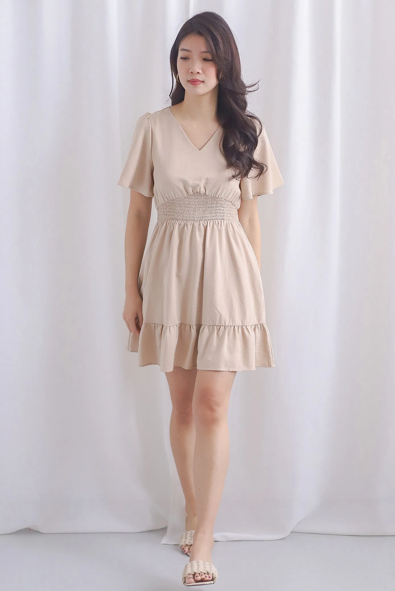 Conor Smocked Waist Sleeve Romper Dress In Ecru