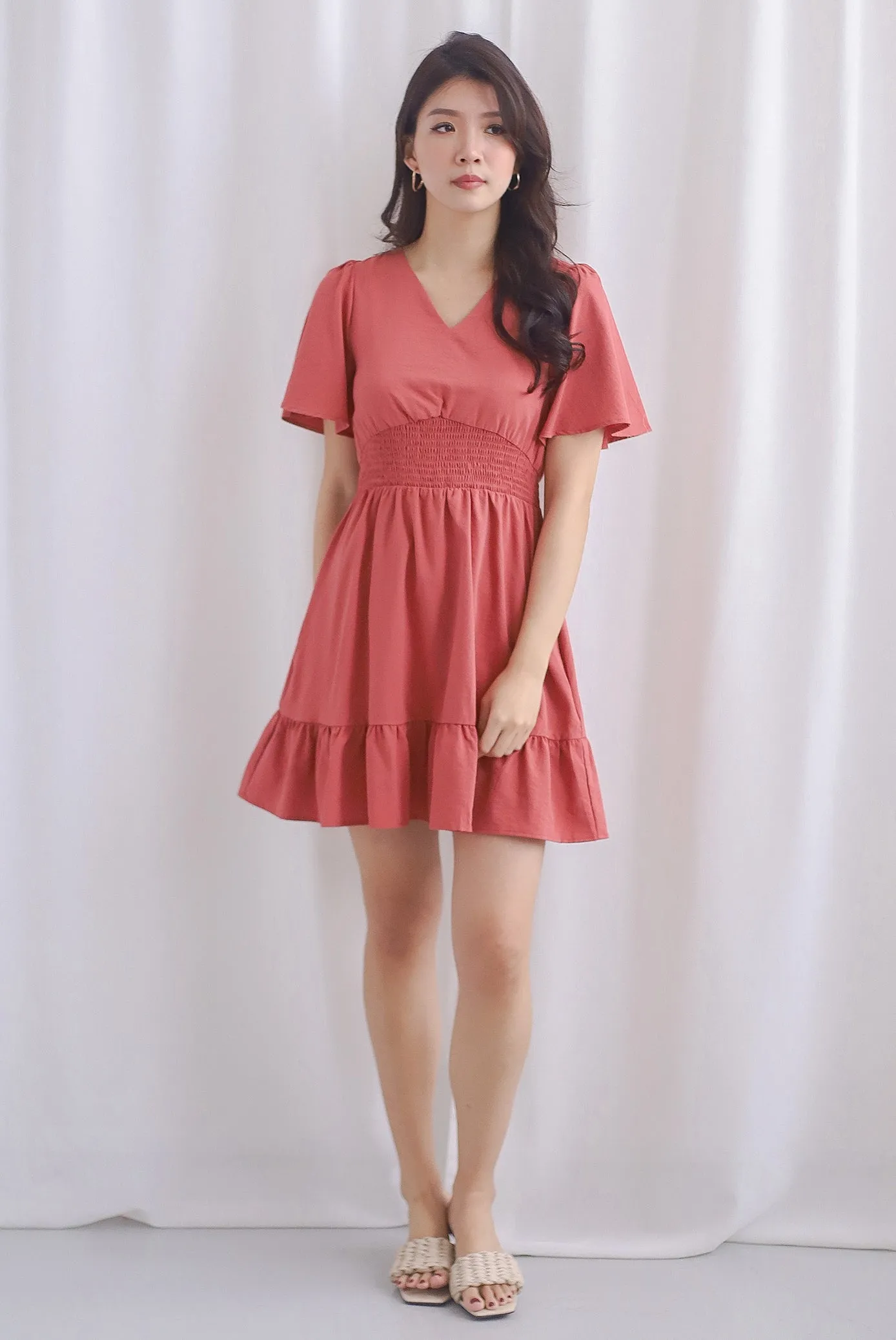 Conor Smocked Waist Sleeve Romper Dress In Rosewood
