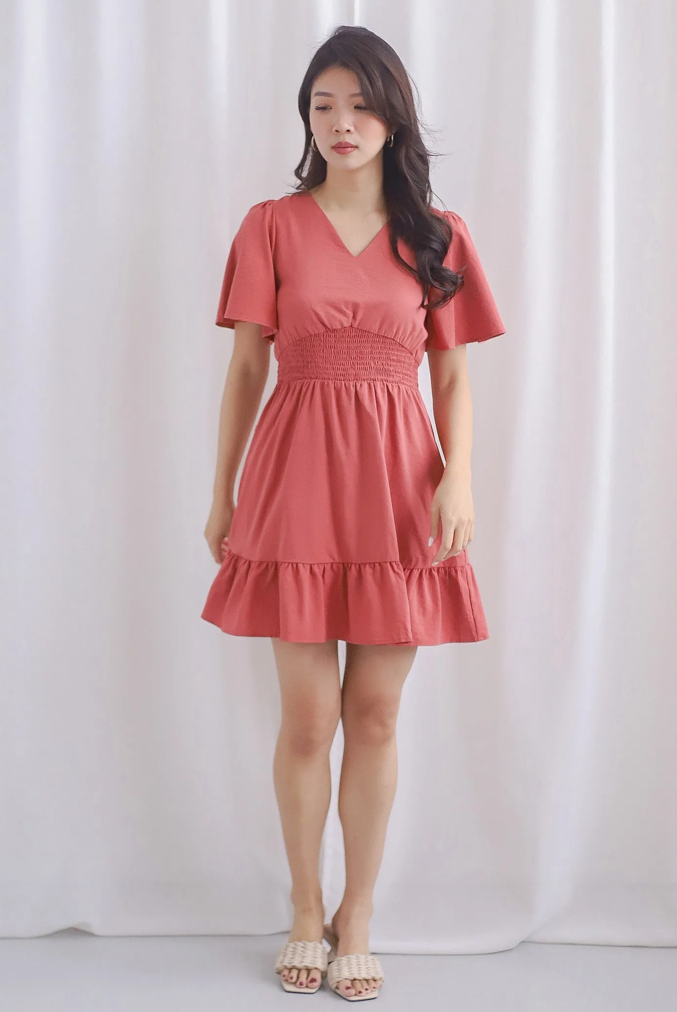 Conor Smocked Waist Sleeve Romper Dress In Rosewood