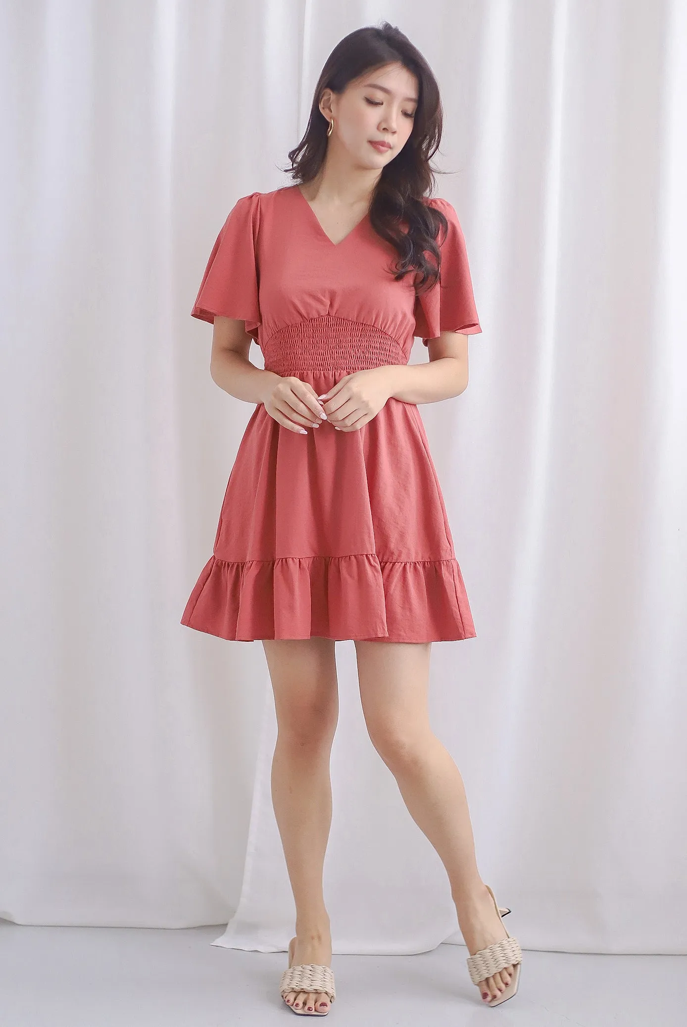 Conor Smocked Waist Sleeve Romper Dress In Rosewood