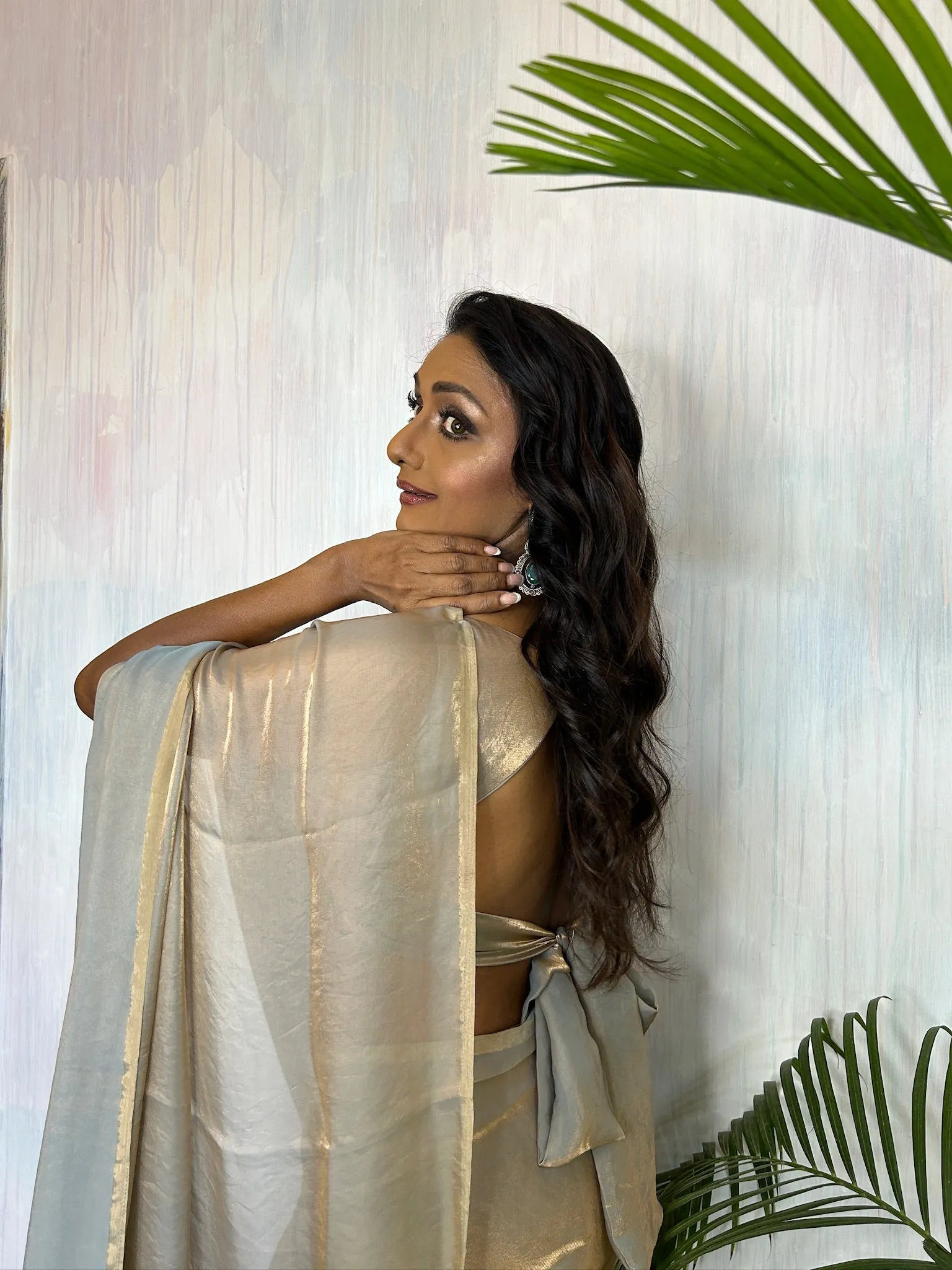 Copper Grey Metallic Satin Saree with Beads with Blouse Fabric