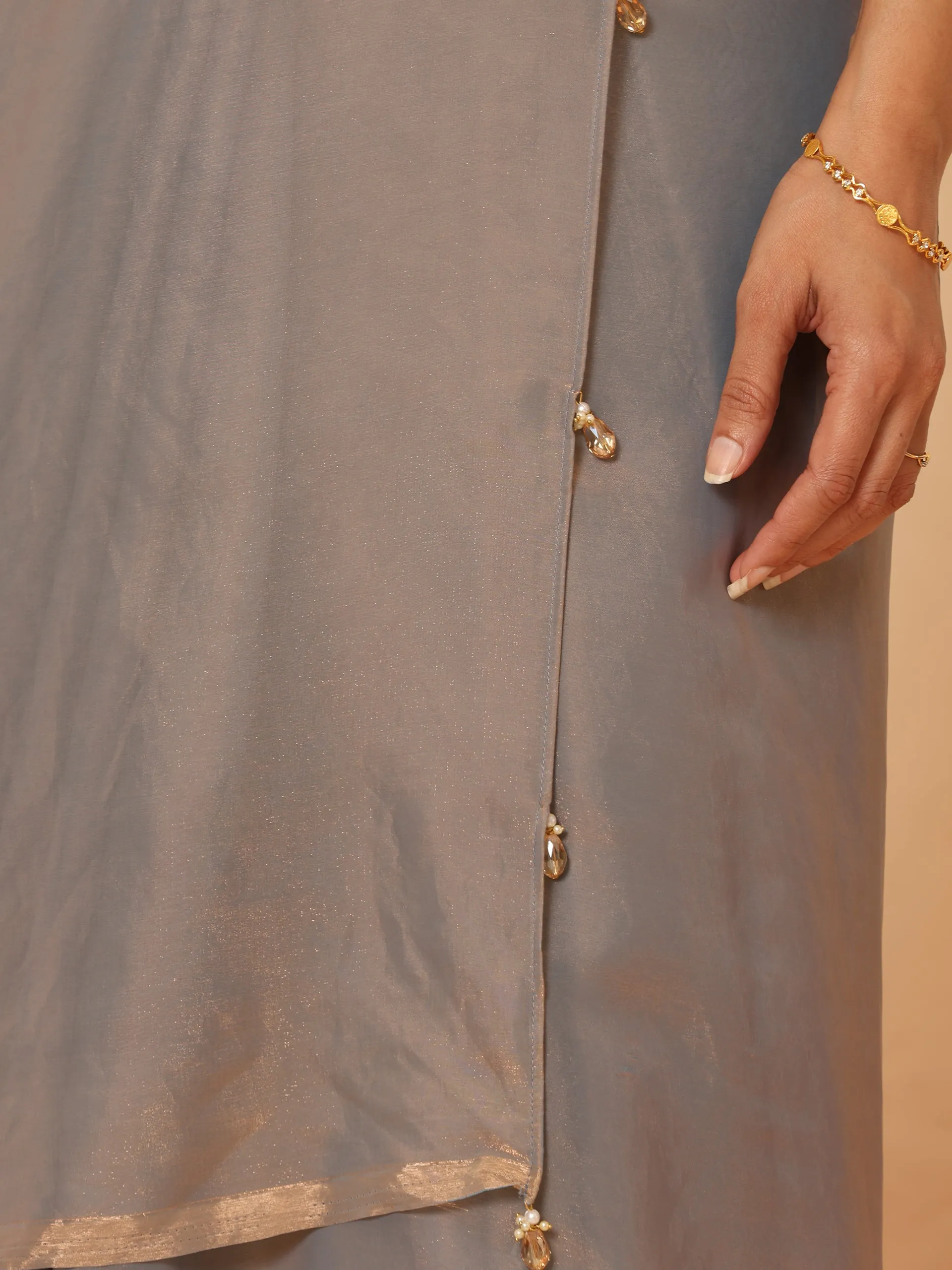 Copper Grey Metallic Satin Saree with Beads with Blouse Fabric